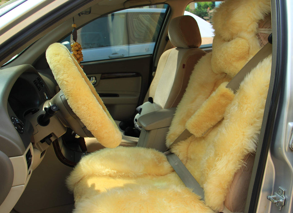 Seat Sheep Skin Car Seat Cover Light Beige & White Others Aftermarket