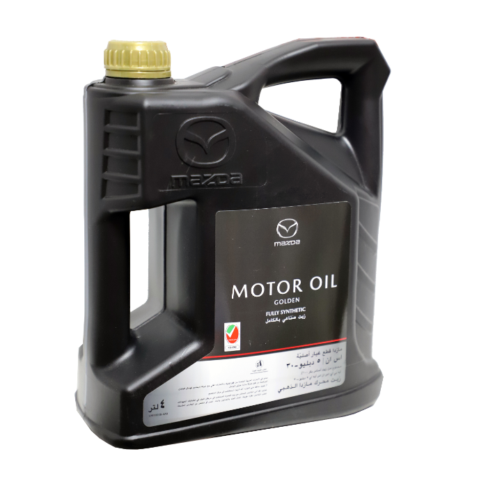 A black plastic jerrycan of Mazda motor oil with a gold cap, featuring a black label with white text and a small red and green logo, on a plain white background.